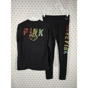 Victorias Secret PINK  RAINBOW BLING Campus Tee Shirt & Leggings SET Yoga XS SM